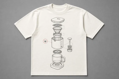 Technical coffee-maker linework on a white T-shirt