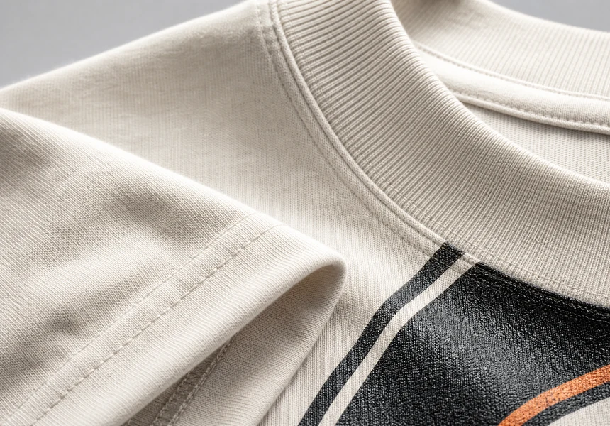 Close-up of cotton ribbing, collar seam and print edge