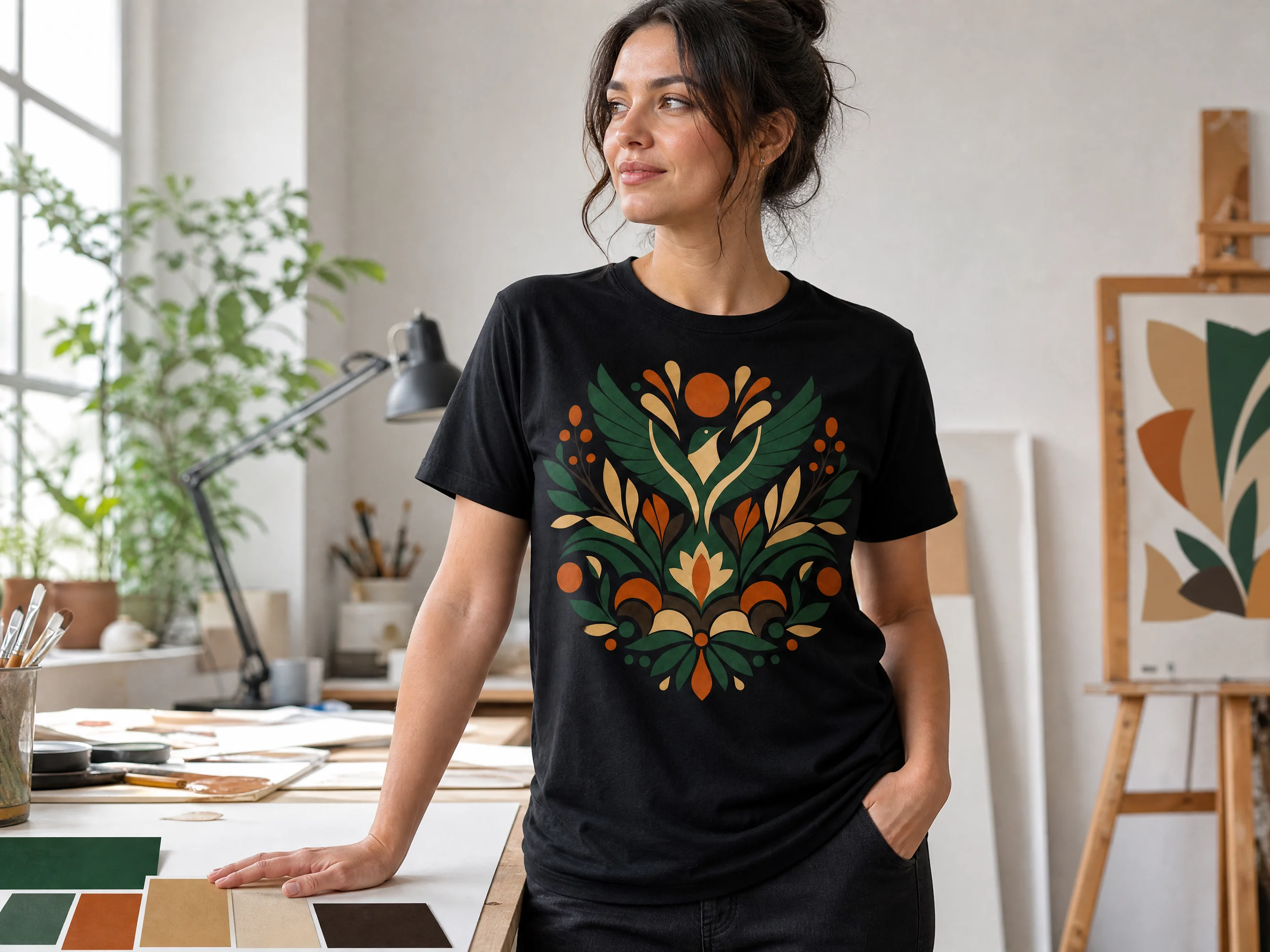 A colorful cut-paper inspired print worn on a black T-shirt in an art studio