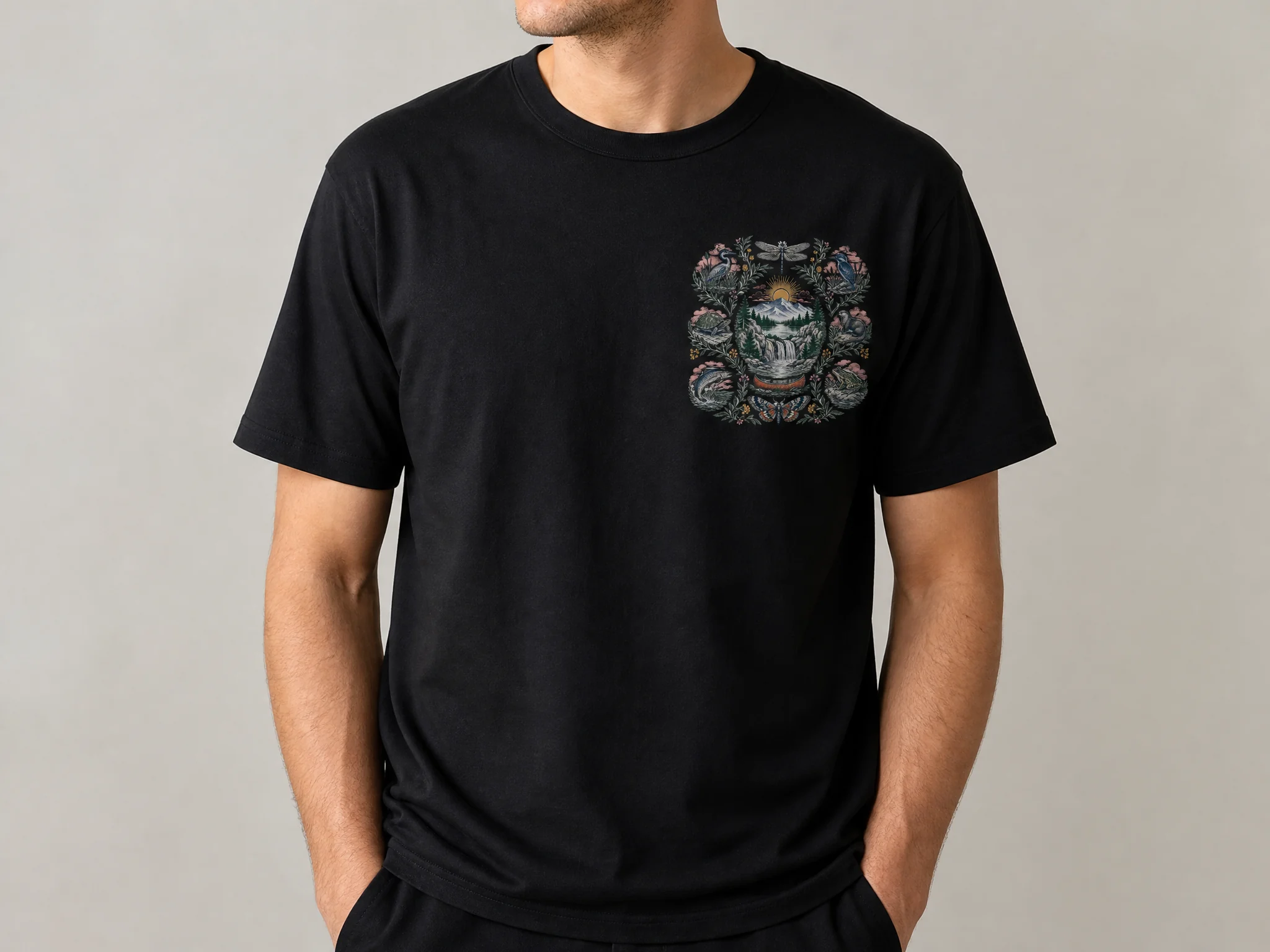 A small natural-history graphic positioned on the wearer left chest of a black T-shirt