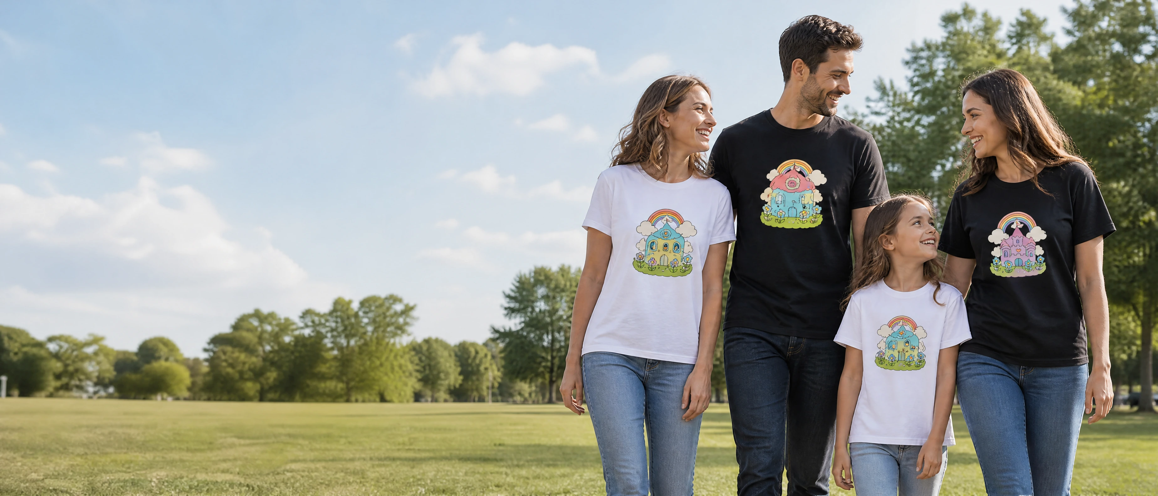 A family wearing coordinated outdoor graphic T-shirts